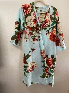 Floral Kimono Robe in Light Blue with Orange Roses pockets unique